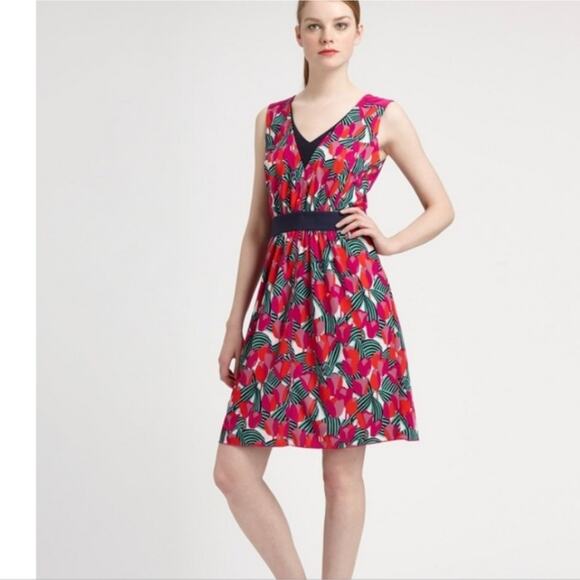 Tory Burch Augustina Printed Tulip Floral Logo Hidden Dress Aline Medium Vneck - Picture 3 of 16